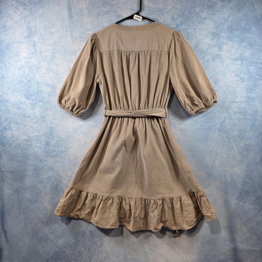 Velvet Heart Tan Corduroy Puff Sleeve Mini Dress V-Neck Ruffle Hem Small - Picture 6 of 8